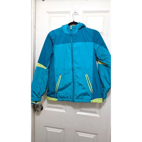 Land's End Kids Hooded Ski Winter Jacket Blue & Lime Green Size 14 - Picture 2 of 8